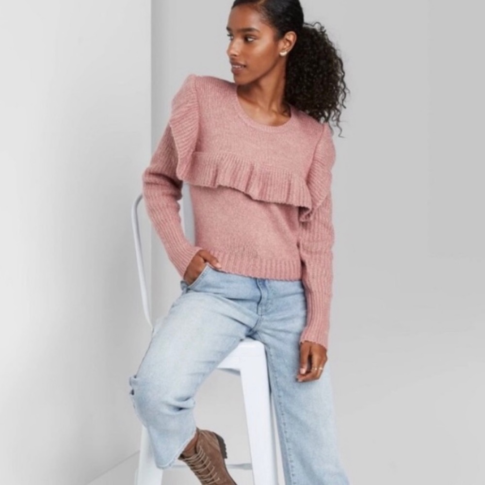 NEW Wild Fable Pink Sweater Ruffle Ribbed Knit Target Mauve Cottagecore NWT Sz M
